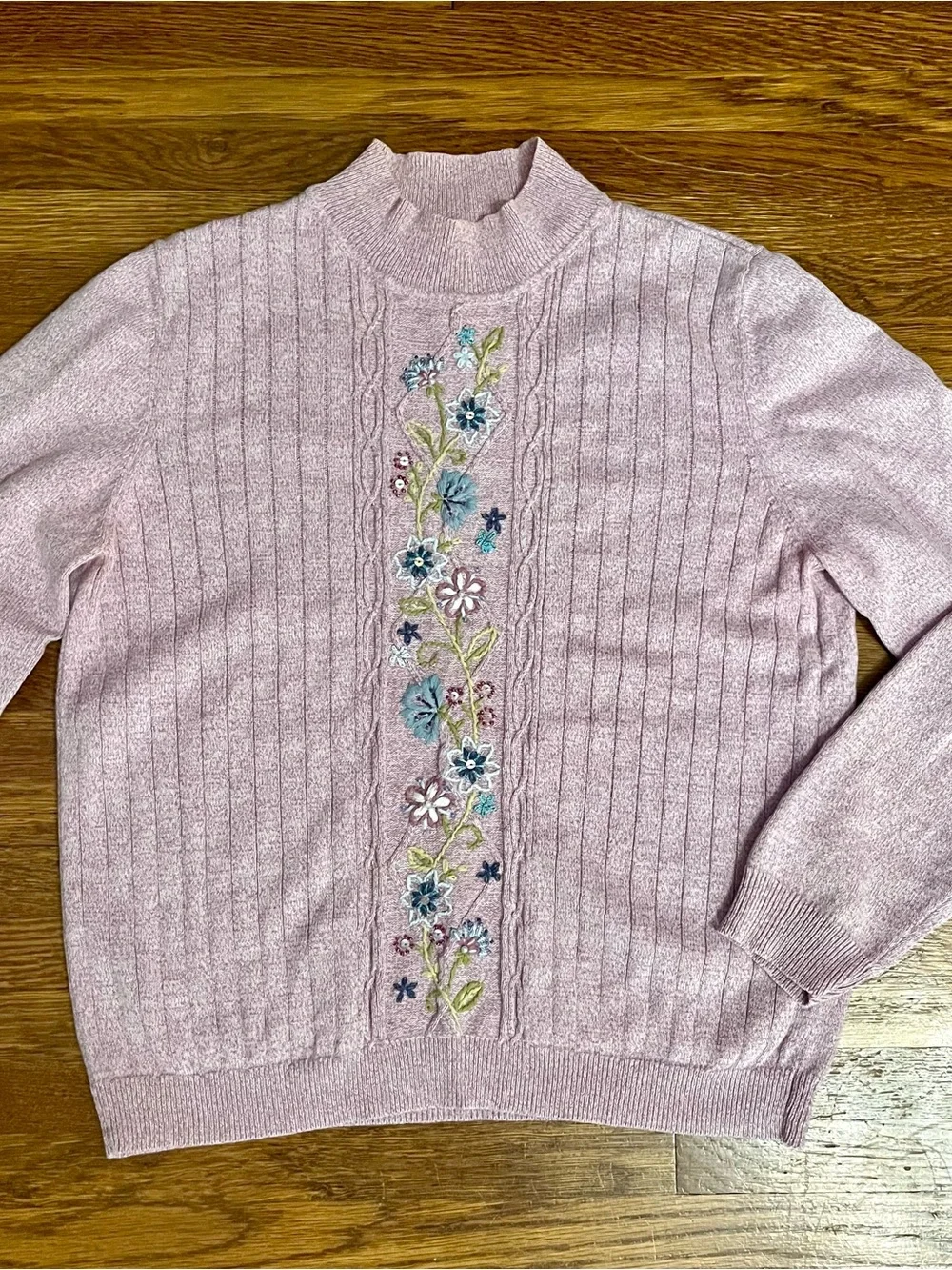 Alfred Dunner pullover embroidered top mock neck m petite mauve grandma